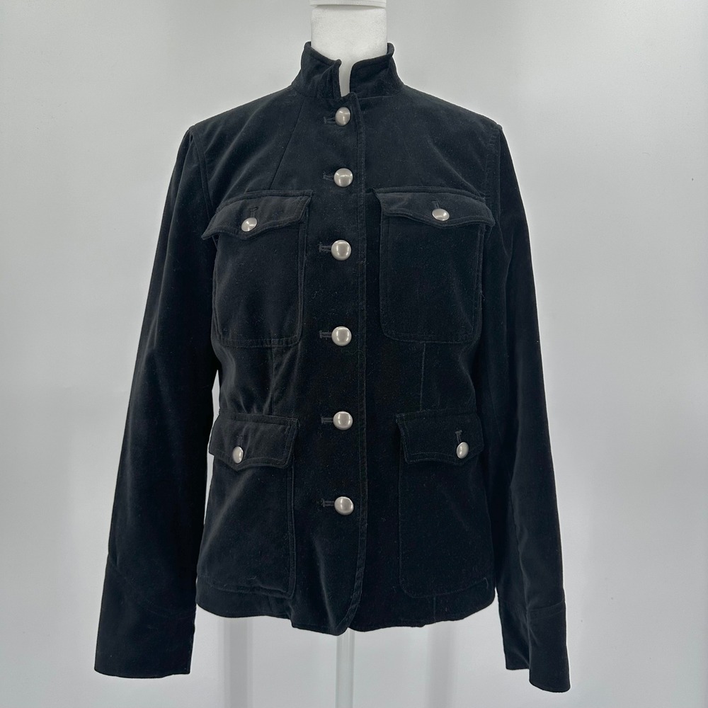 American Living Womens Black Velvet Military Jacket Blazer Mock Neck Medium